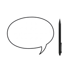 Empty crisp black-outlined oval speech bubble with a pointed tail, next to a sleek minimalist black stylus pen on a seamless transparent background, Concept of professional graphic design.