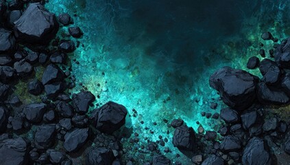 Fototapeta premium Dark rocky shoreline meets glowing, ethereal, turquoise water