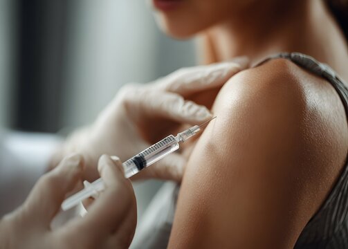 Woman receiving vaccine injection in upper arm during medical treatment