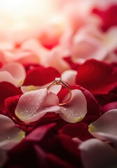 Engagement ring resting on rose petals with water droplets in soft romantic lighting setting scene