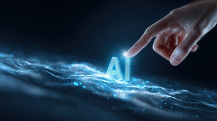 Digital AI interaction: A finger delicately interacts with a glowing AI logo, set against a backdrop of dynamic digital streams.