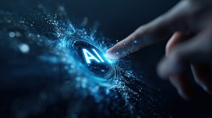 AI Technology Interaction: A fingertip makes contact with a glowing AI button, sparking a cascade of digital particles, representing the dawn of a new technological era.