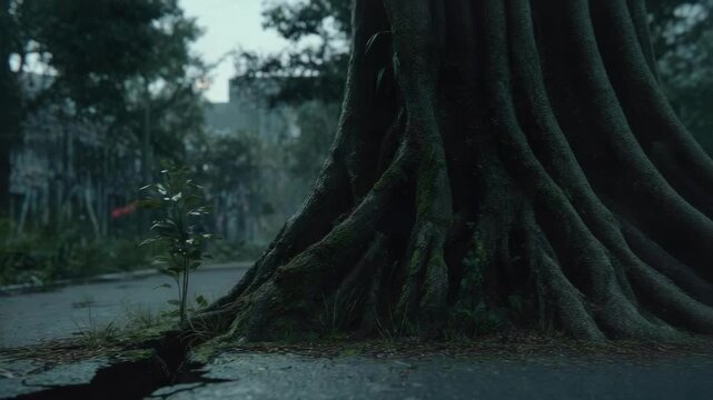 A tiny sapling grows from a crack in the pavement beside a massive tree with exposed roots.