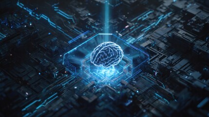 Digital Brain: A captivating digital depiction showcasing the human brain, integrated with intricate circuit patterns and illuminated with mesmerizing blue light.