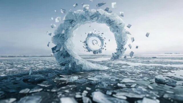 A ring of ice shards spirals on a frozen sea, forming an icy vortex in a cold blue landscape.