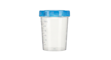 Clear plastic specimen container with blue screw-on lid and measurement markings.