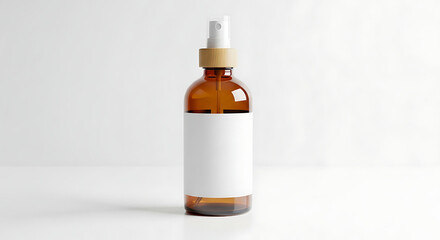 Amber glass spray bottle with wood accent and white label