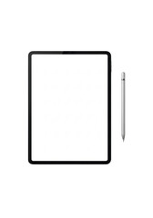 Sleek, modern black tablet with blank white screen, minimalist silver stylus, 45-degree view on a seamless transparent background with shadowless high-key lighting, ultra-minimalist design concept.