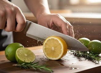 Close Up Of Hands Chopping A Yellow Lemon With A Silver Knife On A Wooden Cutting Board With Limes And Rosemary Sprigs