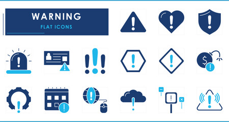 A set of flat icons related to Warning. Alert, warn, sign, emergency, risk, danger, deadline, immediate, fake, and so on.