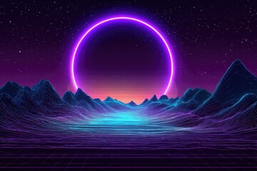 Neon ring glows over a retro-futuristic wireframe mountain landscape