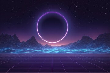 Neon ring in a digital landscape with mountains and grid
