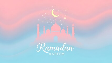 Ramadan Kareem 2026 Elegant Mosque with Crescent Moon and Stars on Soft Pastel Pink-Blue Gradient Background