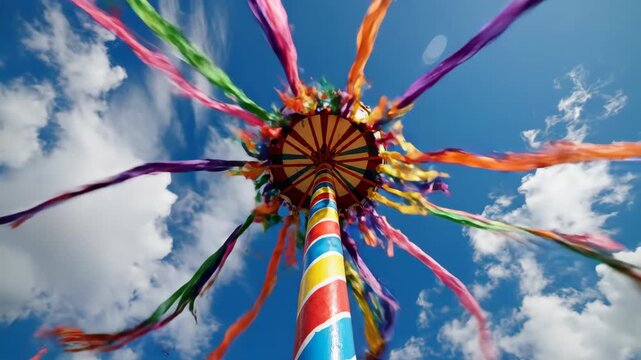 Maypole Dance: A vibrant maypole rises against a bright blue sky adorned with colorful ribbons flowing freely, celebrating the joy of spring.