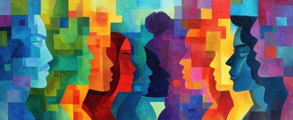 Stylized profiles of diverse people form a colorful mosaic of humanity, diverse