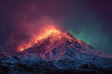 Fiery mountain peak erupts with vibrant colors under a dramatic twilight sky