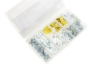 New, modern set with different size angle screws and eye bolts in a box