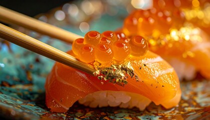 箸でつままれたサーモンとイクラのお寿司に金粉が輝く高級料理