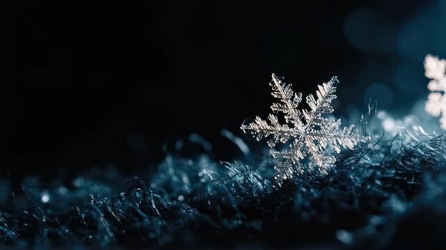 Close-up of a delicate snowflake resting on frost, lit by blue light against a dark, blurred background.