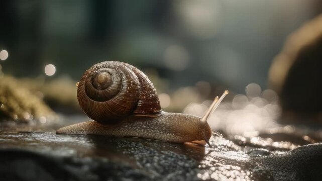 Close-up of a snail with a spiral shell crawling on a wet rock beside a glistening stream.