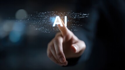 Navigating the Digital Frontier: A hand makes contact with the letters AI, sparking a visual representation of technology, machine learning, and innovation.