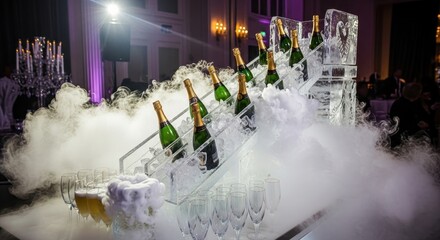 Grand champagne display with ice sculpture and mystical fog for upscale events