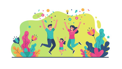 Family celebration jumping parents and child enjoying success and growth among colorful abstract plants