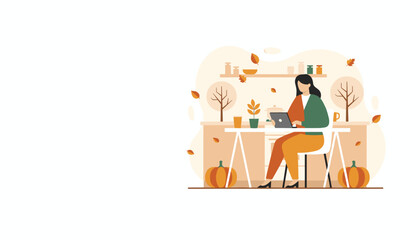 Businesswoman working remotely on a laptop in a cozy autumnal kitchen setting with pumpkins