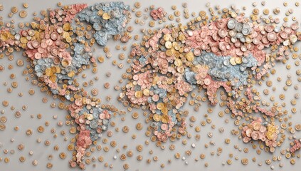 World map constructed from colorful, textured circular elements