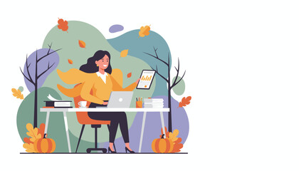 Professional woman works outdoors in autumn analyzing data on a tablet Fall productivity