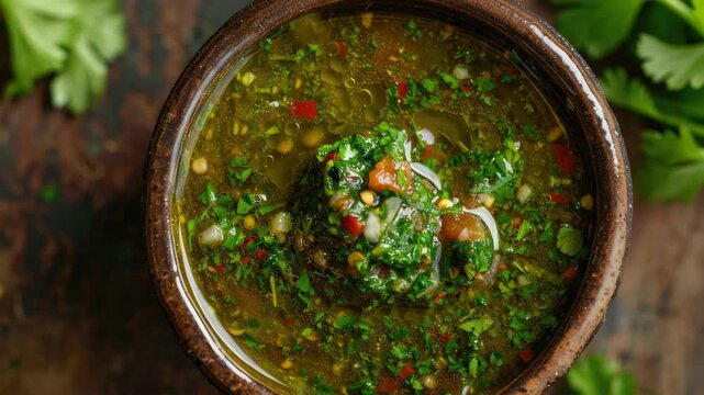 A close-up of a bowl of warm gumbo soup filled with vegetables, herbs, and spices on a rustic table.