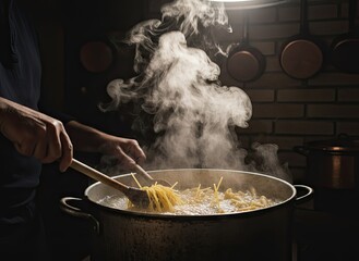 Chef Stirring Spaghetti in Boiling Water in Rustic Kitchen with Dramatic Lighting and Steam Wisps