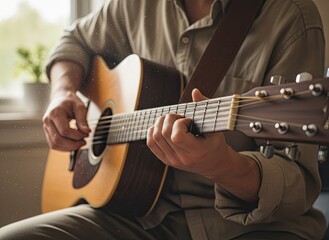 Man Wearing Beige Shirt Playing Acoustic Guitar Indoors With Natural Light and Dust Particles Floating