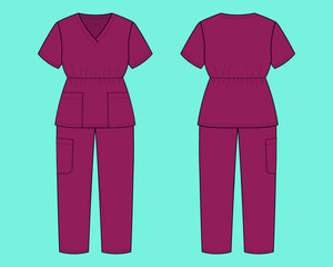 Women's Ruched Waist V-Neck Scrub Set Technical Flat Sketch