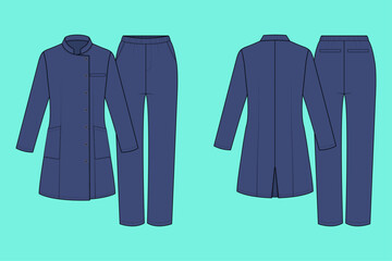 Mandarin Collar Tunic and Elastic Waist Trouser Uniform Set Fashion Technical Drawing Flat Sketch CAD