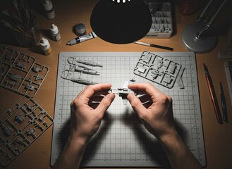 Hands Assembling Model Airplane Kit on Cutting Mat With Tools and Supplies On Wooden Desk Under Warm Light
