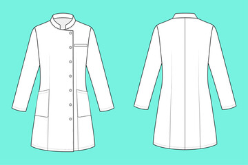 Mandarin-Collar Professional Lab Coat Front and Back Technical Flat Sketch Template