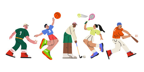 Athletes characters collection in retro cartoon style. Colorful people in dynamic poses. Baseball, basketball, golf, tennis. Sports, competition and healthy lifestyle concept