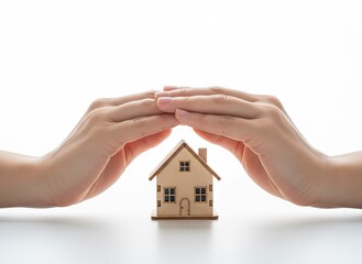 Two Hands Forming a Protective Roof Over a Miniature Wooden House Against a Clean White Background Representing Home Security and Real Estate Investment