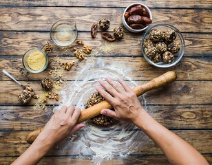 Overhead view of person's hands rolling dough with nuts and dates on a rustic wooden table dusted with flour and ingredients for baking healthy energy balls and sweet treats.