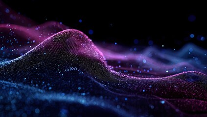 Abstract glowing particles create undulating waves of blue and magenta light