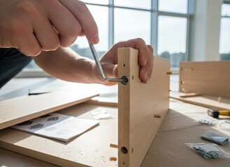 Close-up Of Hands Assembling A Light Brown Wooden Furniture Piece With A Silver Screwdriver In A Brightly Lit Room With Large Windows