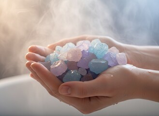 Hands Holding Colorful Crystal Candy Pieces Emitting Steam Against Soft Light