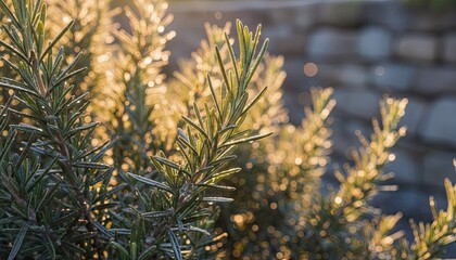 Close Up Of A Rosemary Plant With Golden Sunlight And Water Droplets On Its Needles With A Stone Wall In The Soft Focus Background
