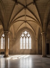 Majestic gothic hall interior with intricate vaulted ceiling and large ornate window shafts of sunlight creating dramatic shadows on stone floor and columns