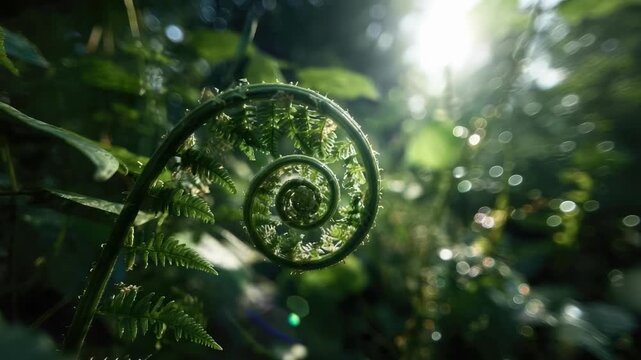 Close-up of a spiral fern frond unfurling in a sunlit green garden.