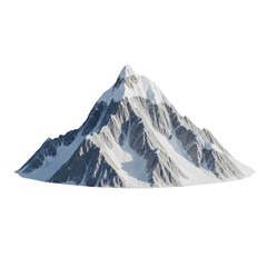 Pristine, architecturally elegant snow-capped mountain peak, rugged rock formations with intricate snow details, isolated on a solid transparent background, concept of luxury nature product