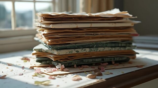 Stack of Vintage Papers and Books with Floral Petals, Light Through Window - Nostalgic Still Life
