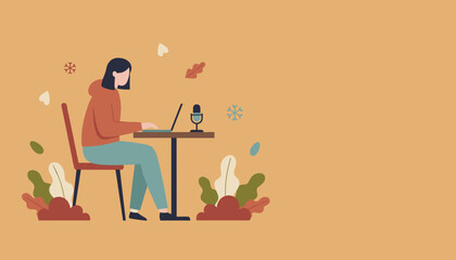 Remote worker creating digital content using a laptop and microphone Cozy autumnal atmosphere for distance learning