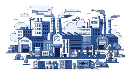 Urban industrial landscape illustration Factories warehouses trucks and production logistics concept